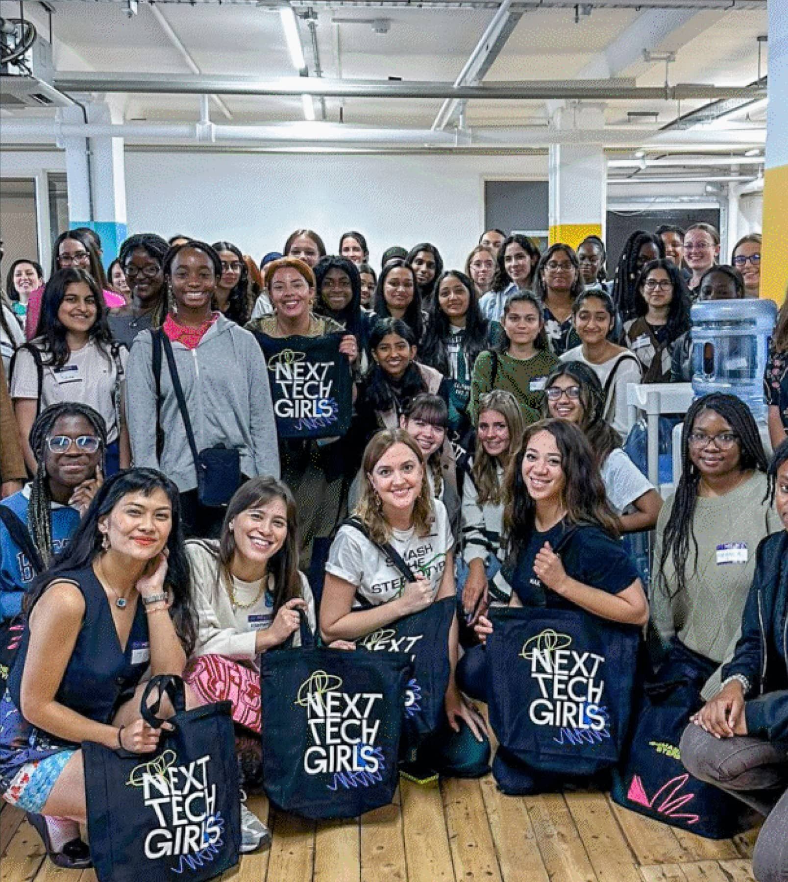 group of girls with merch NTG bags