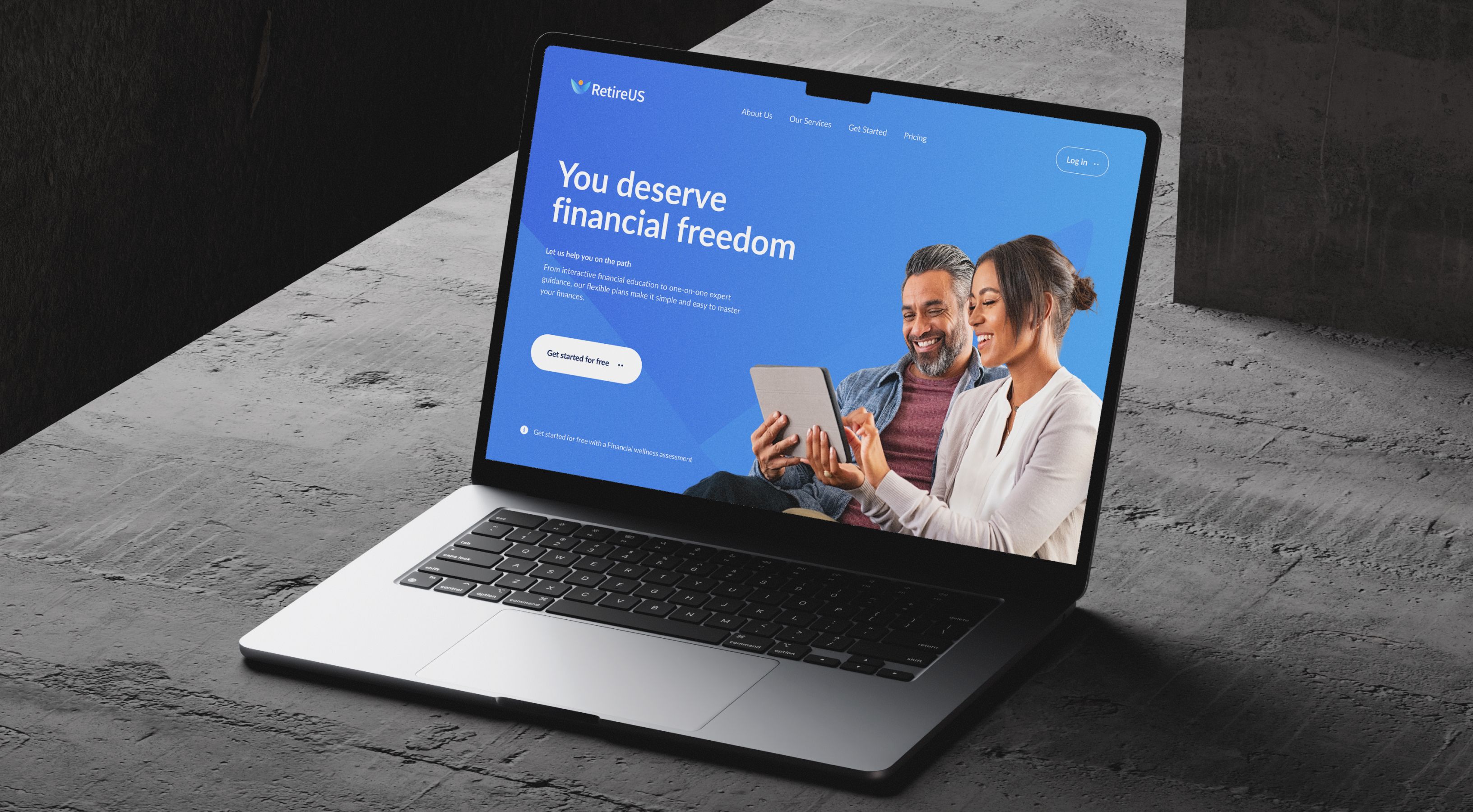 Retire US website hero screen laptop mockup