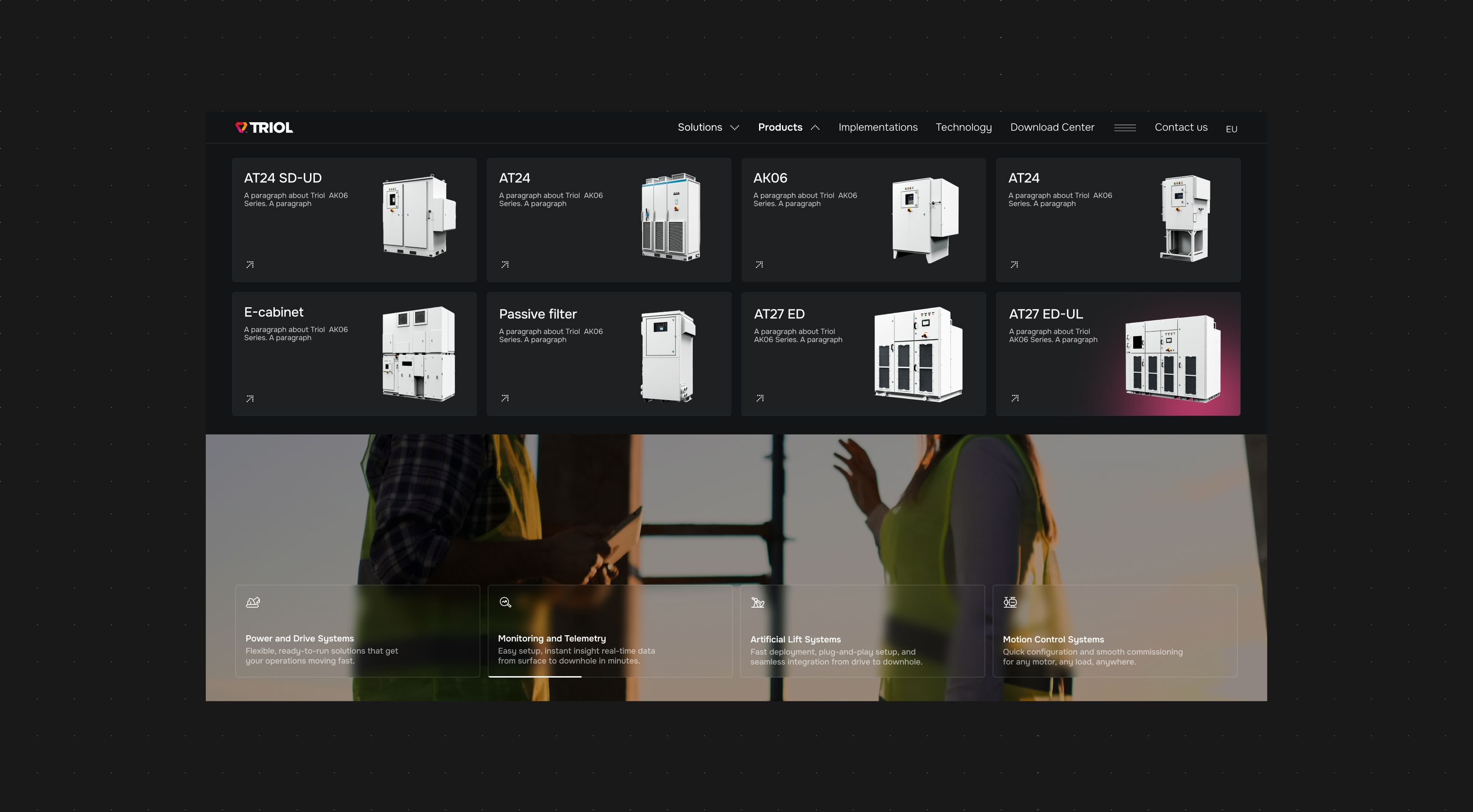 Triol website product navigation