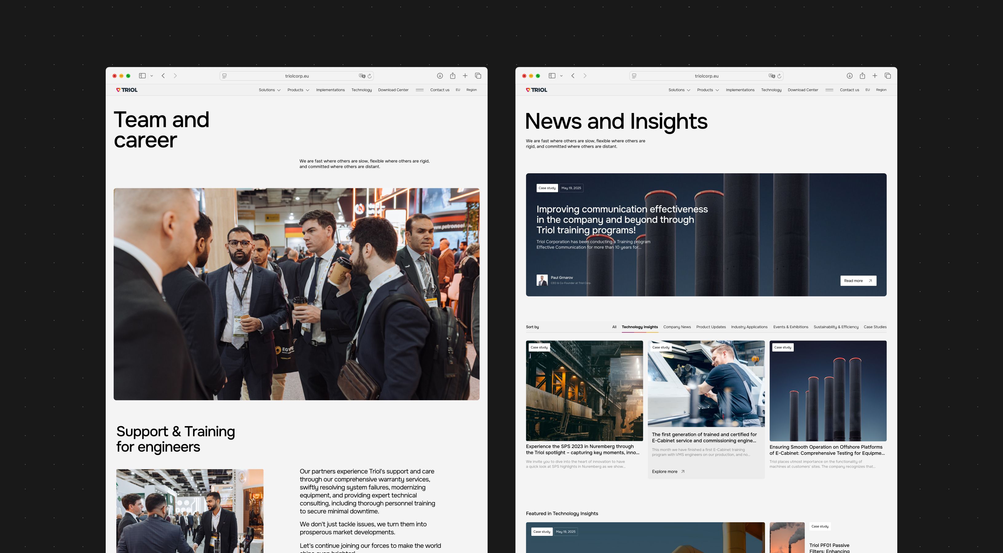 Triol website pages team and news