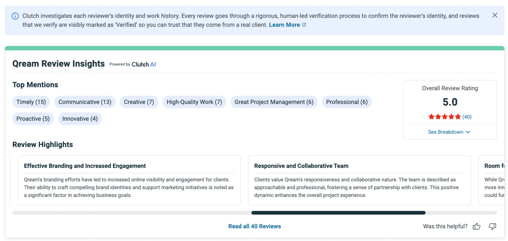 The reviews on Clutch are organized by categories, making it easy for clients to quickly see if the company meets their key criteria