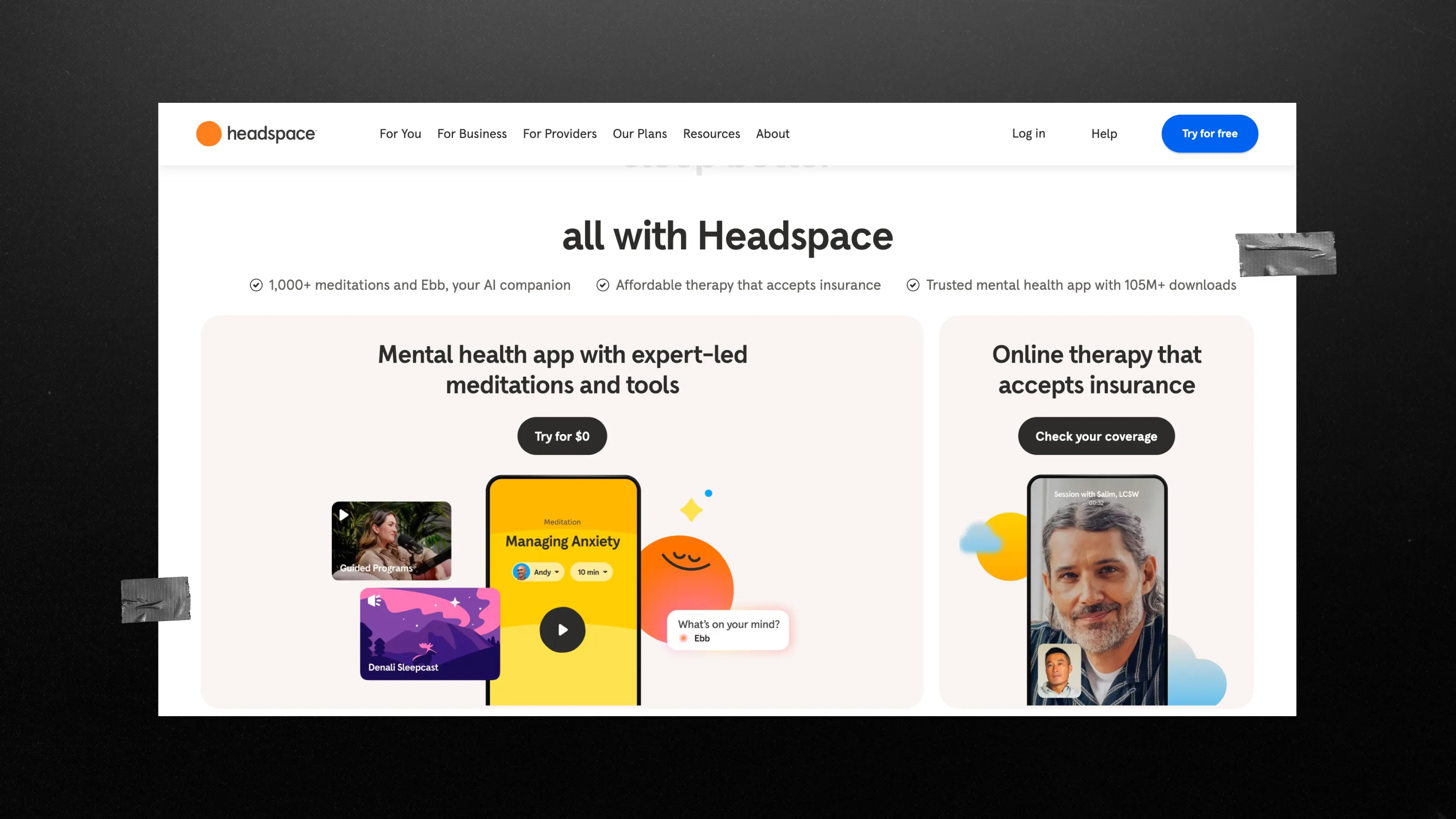 screen of the Headspace Health website