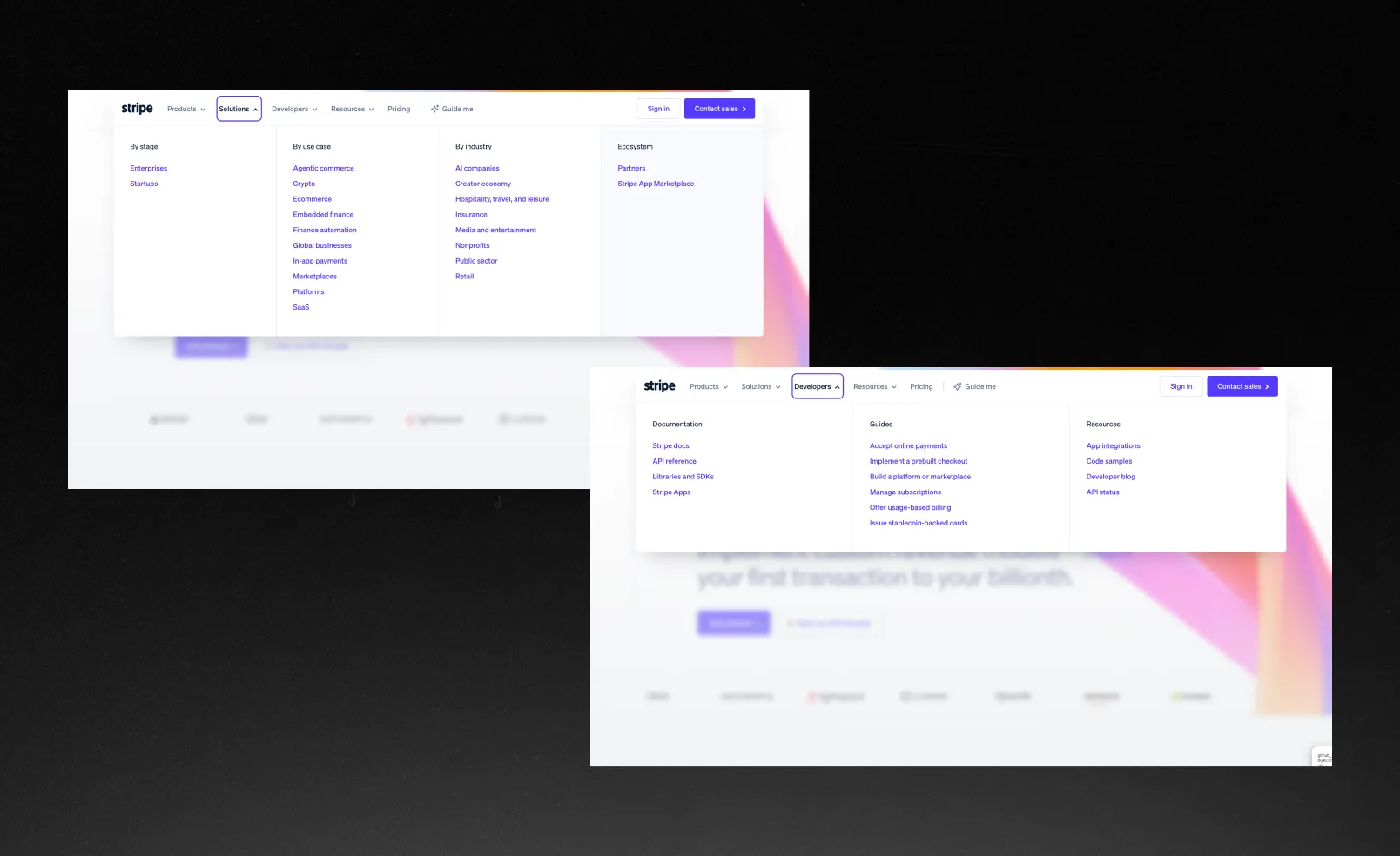 The “Developers” and “Solutions” tabs on the Stripe website