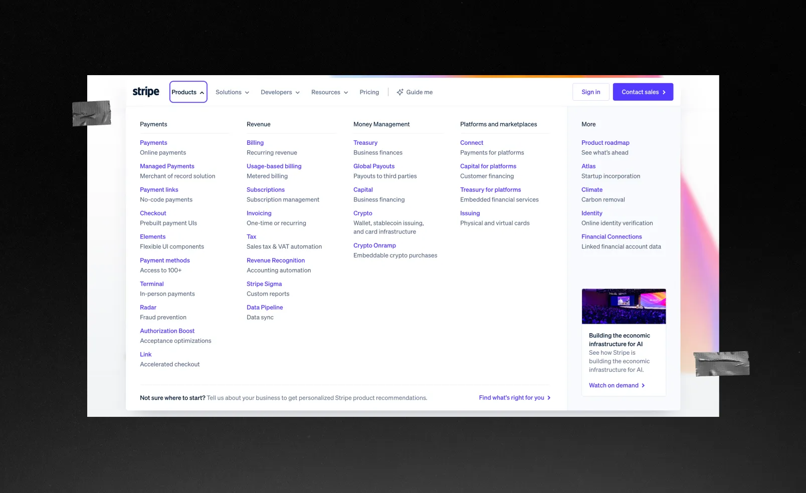 The “Products” tab on the Stripe website