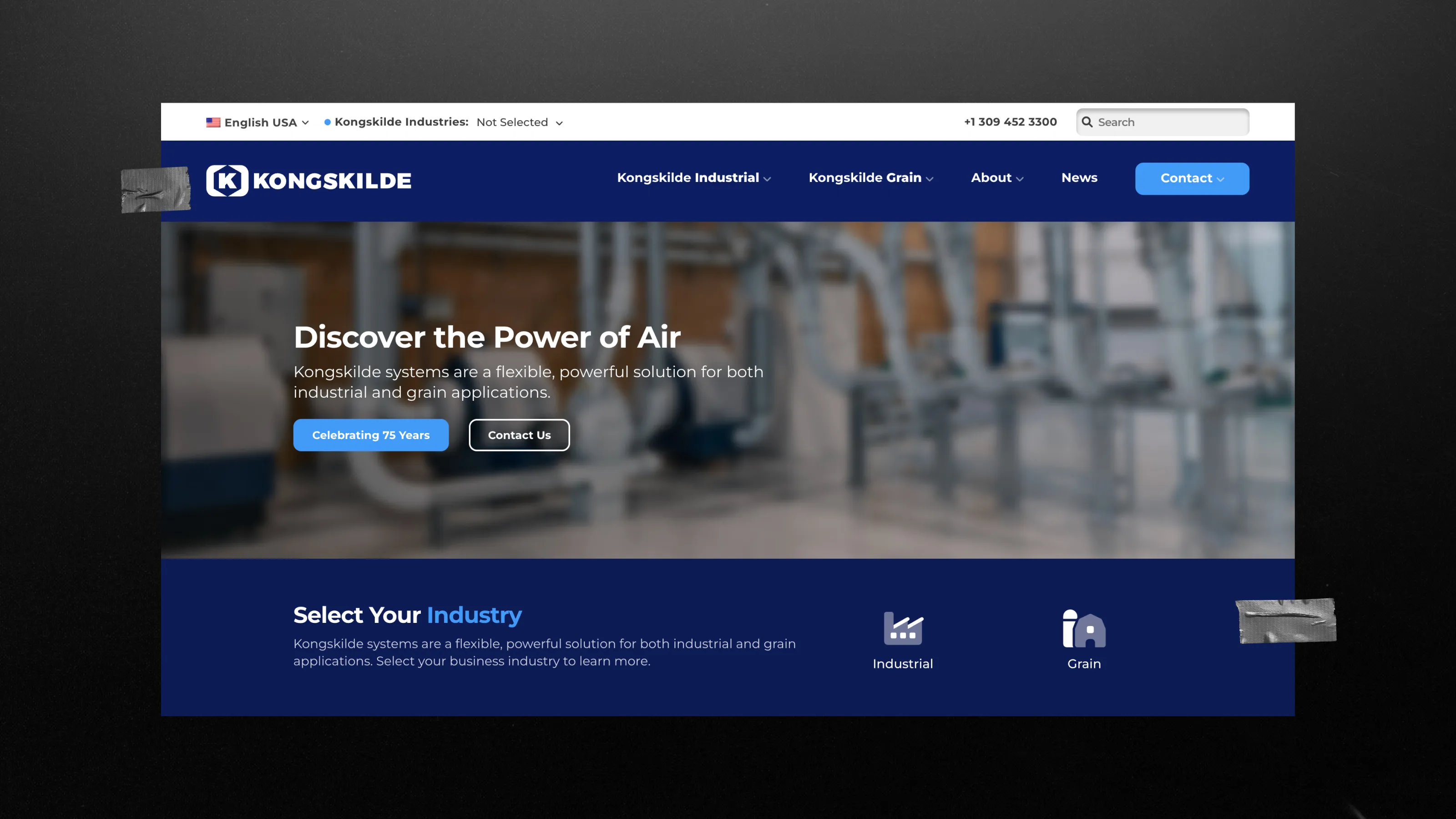 Kongskilde Industries homepage with distinct industrial and grain paths for different