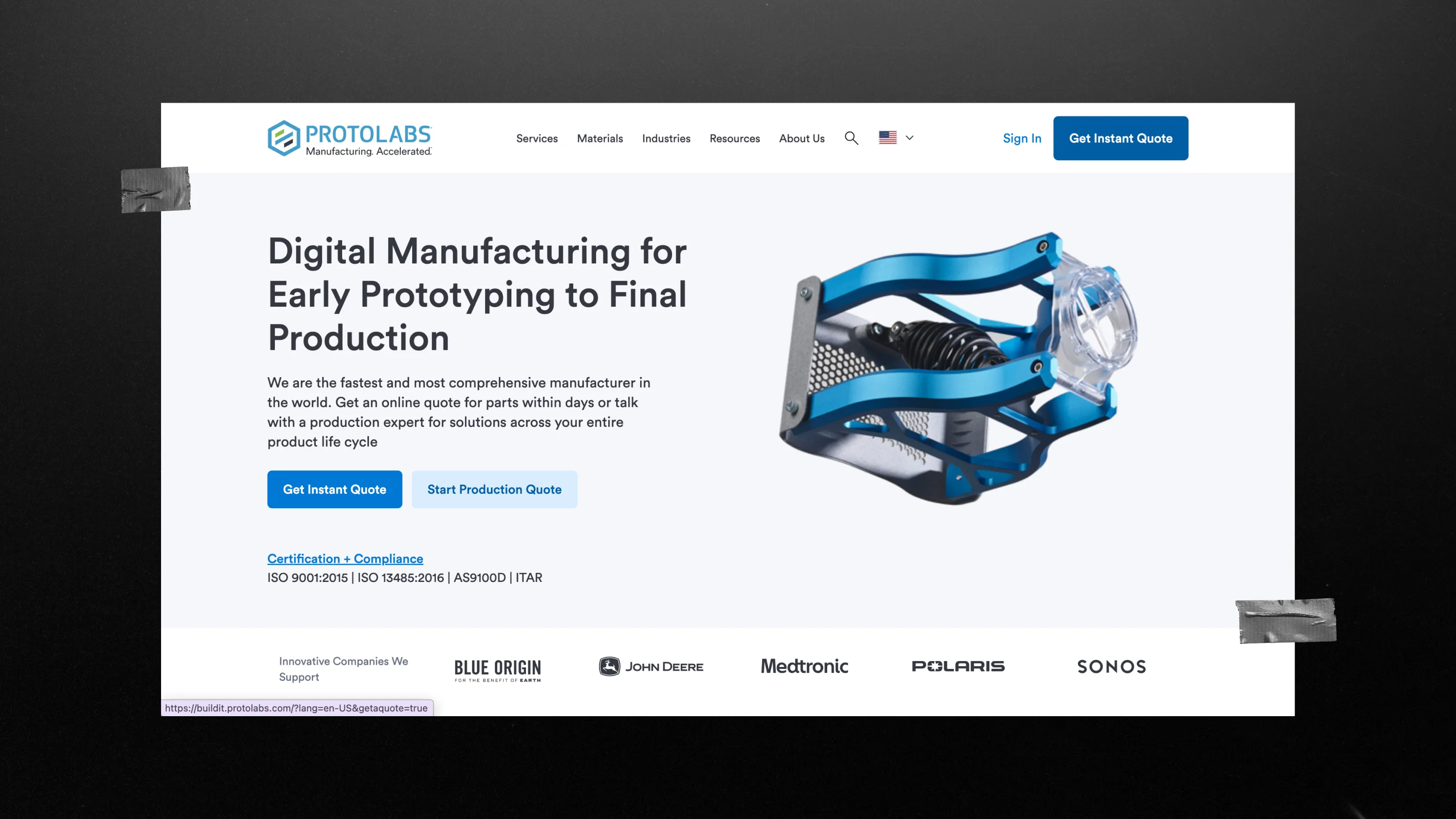 Protolabs website with guided quoting, DFM feedback, and compliance signals for industrial buyers
