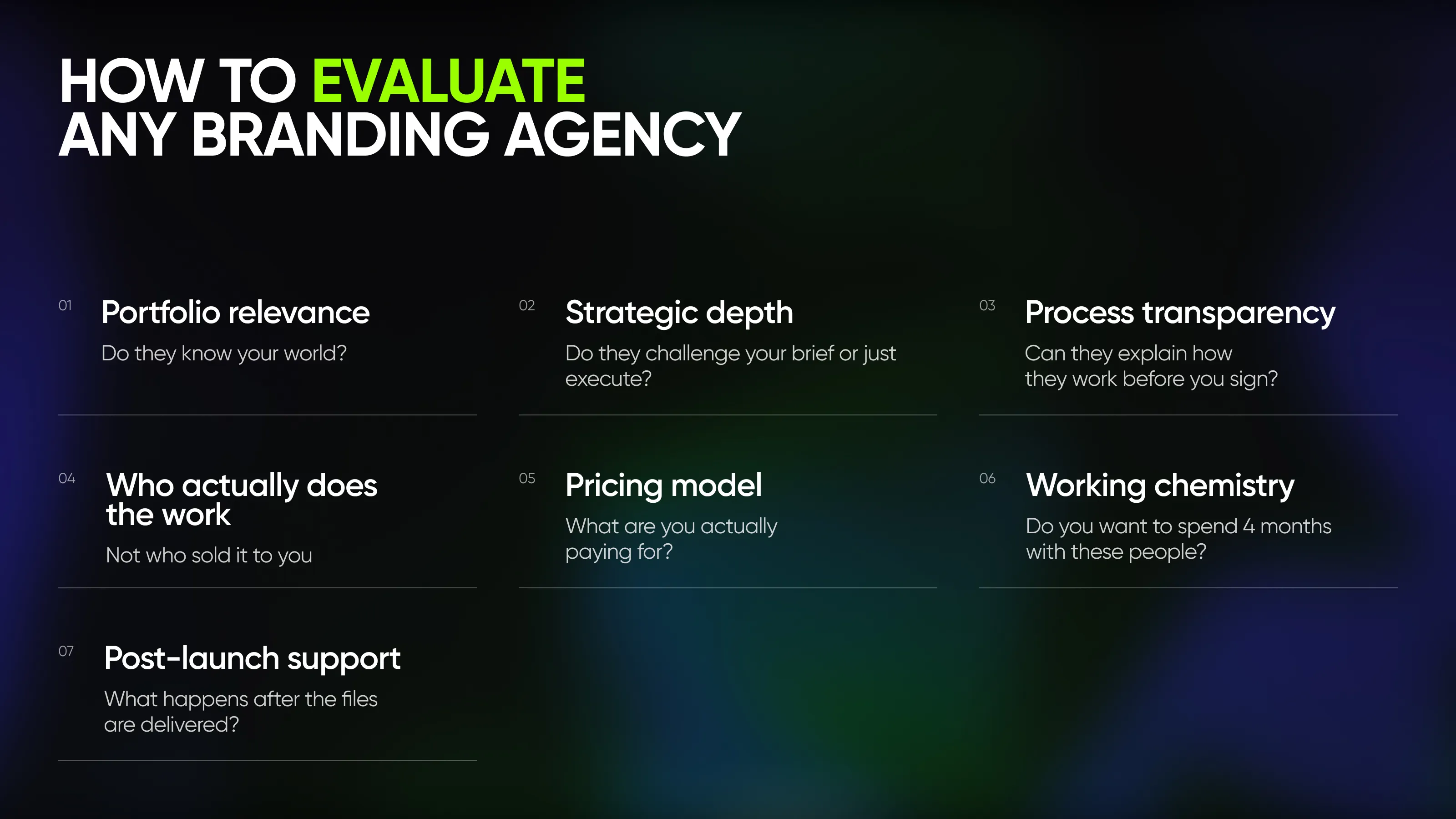 The 7-point agency audit framework for evaluating branding agencies