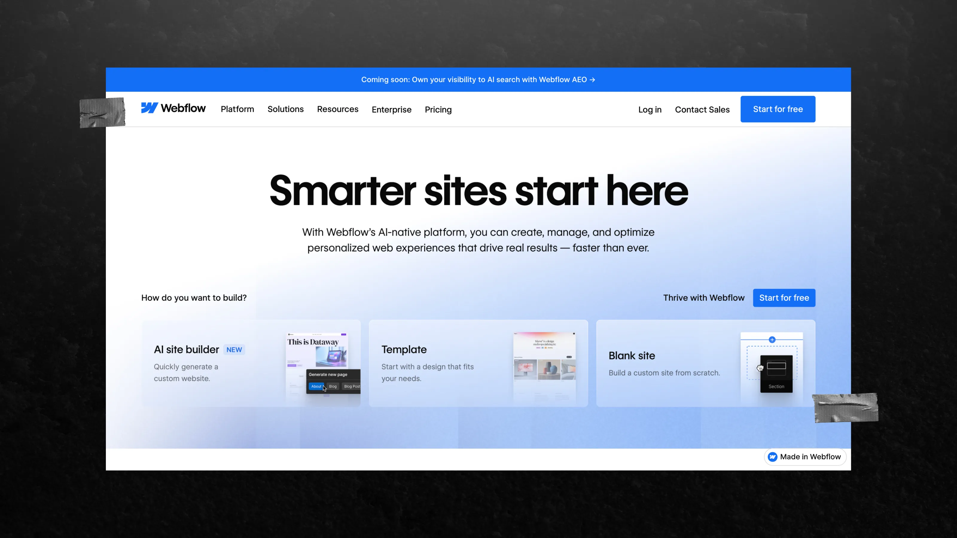 Webflow homepage—visual SaaS landing page design with interactive product builder demonstration
