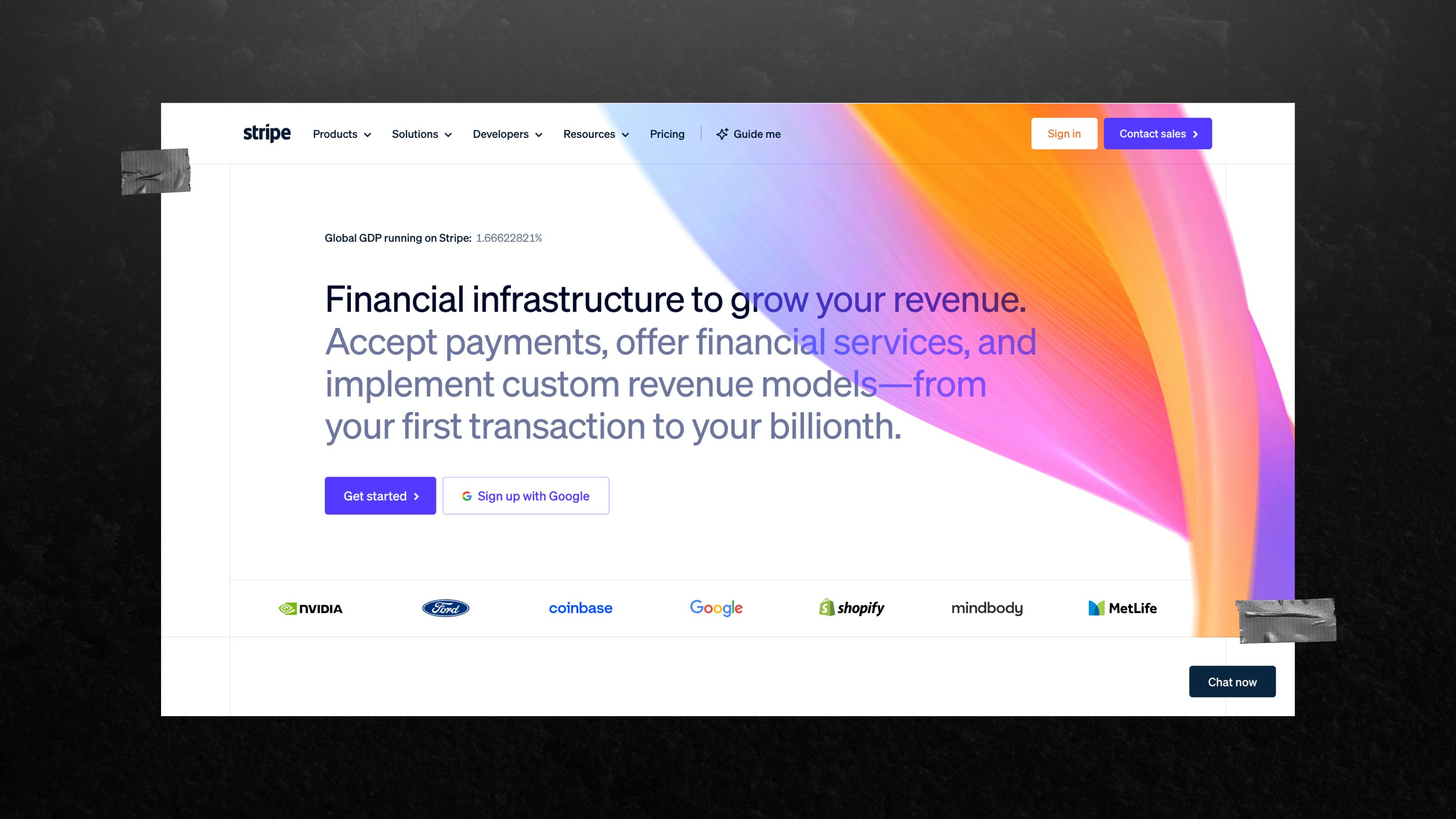 Stripe homepage—enterprise SaaS website design with code-first trust signals for developers