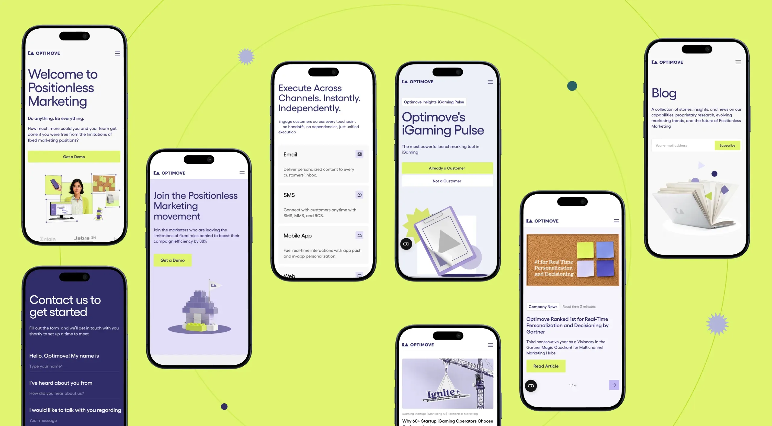 Redesigned Optimove pages on mobile: homepage, channels, iGaming, blog and contact form