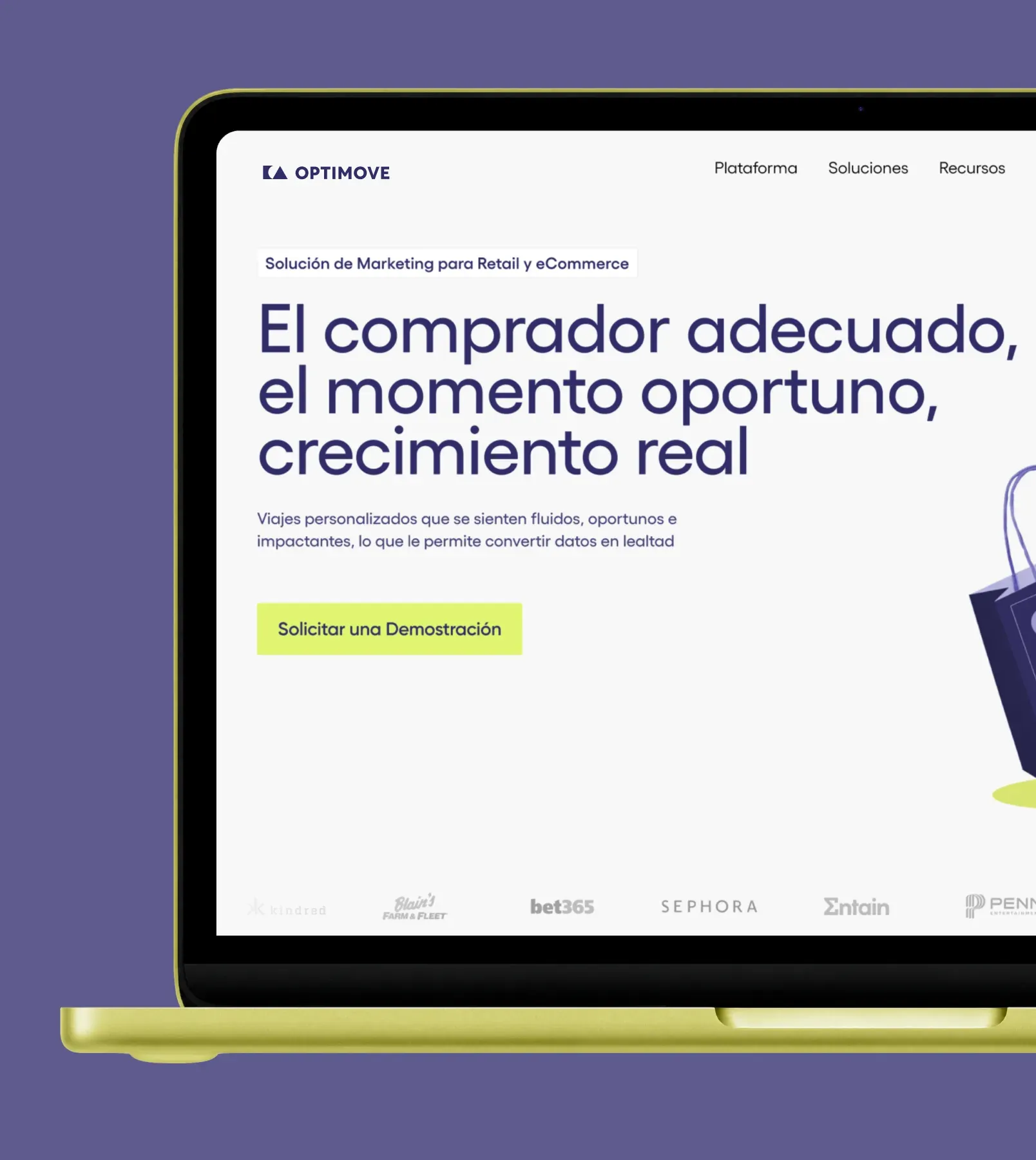 Optimove retail and eCommerce page in Spanish on a laptop