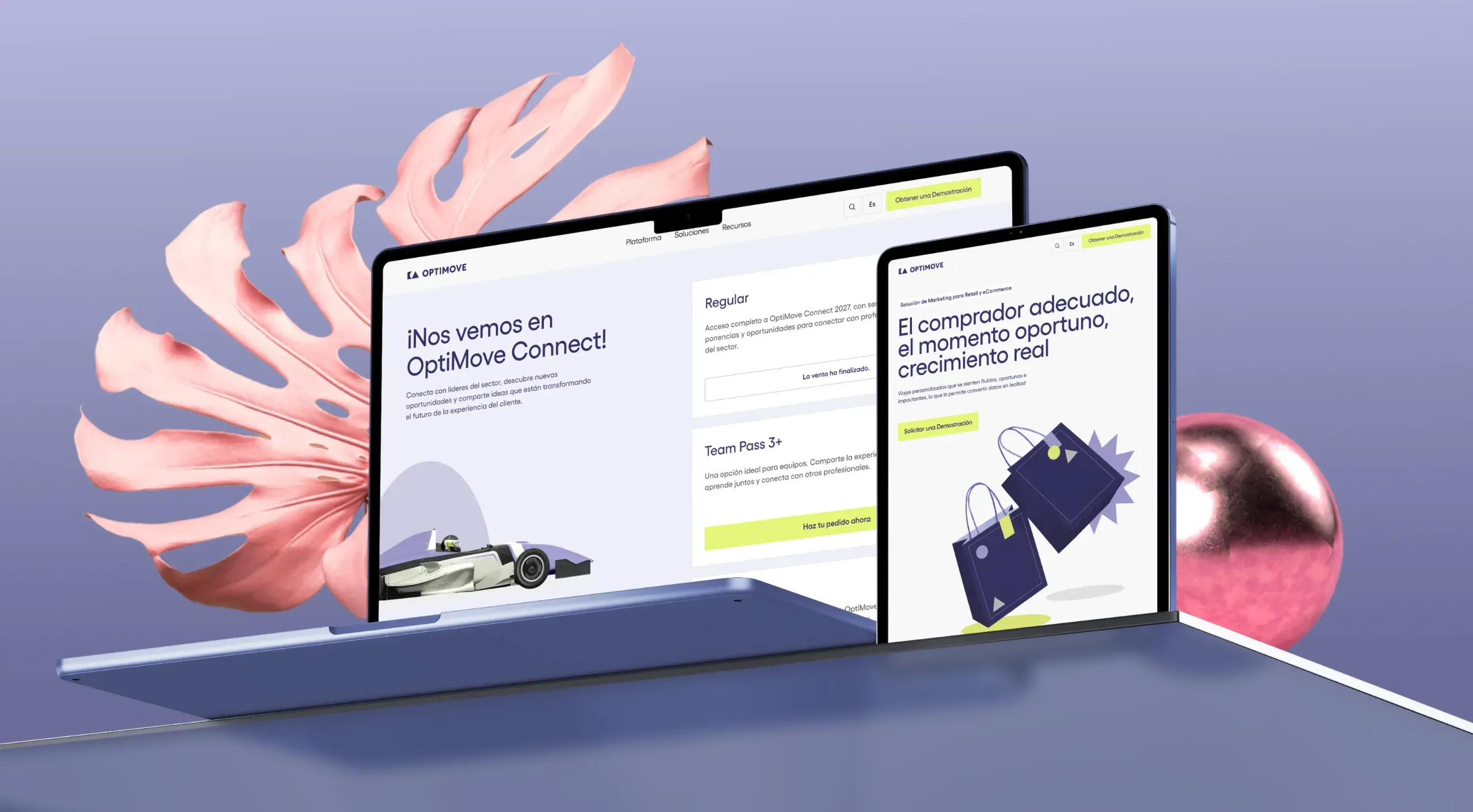 Spanish versions of Optimove event and retail pages on a laptop and tablet
