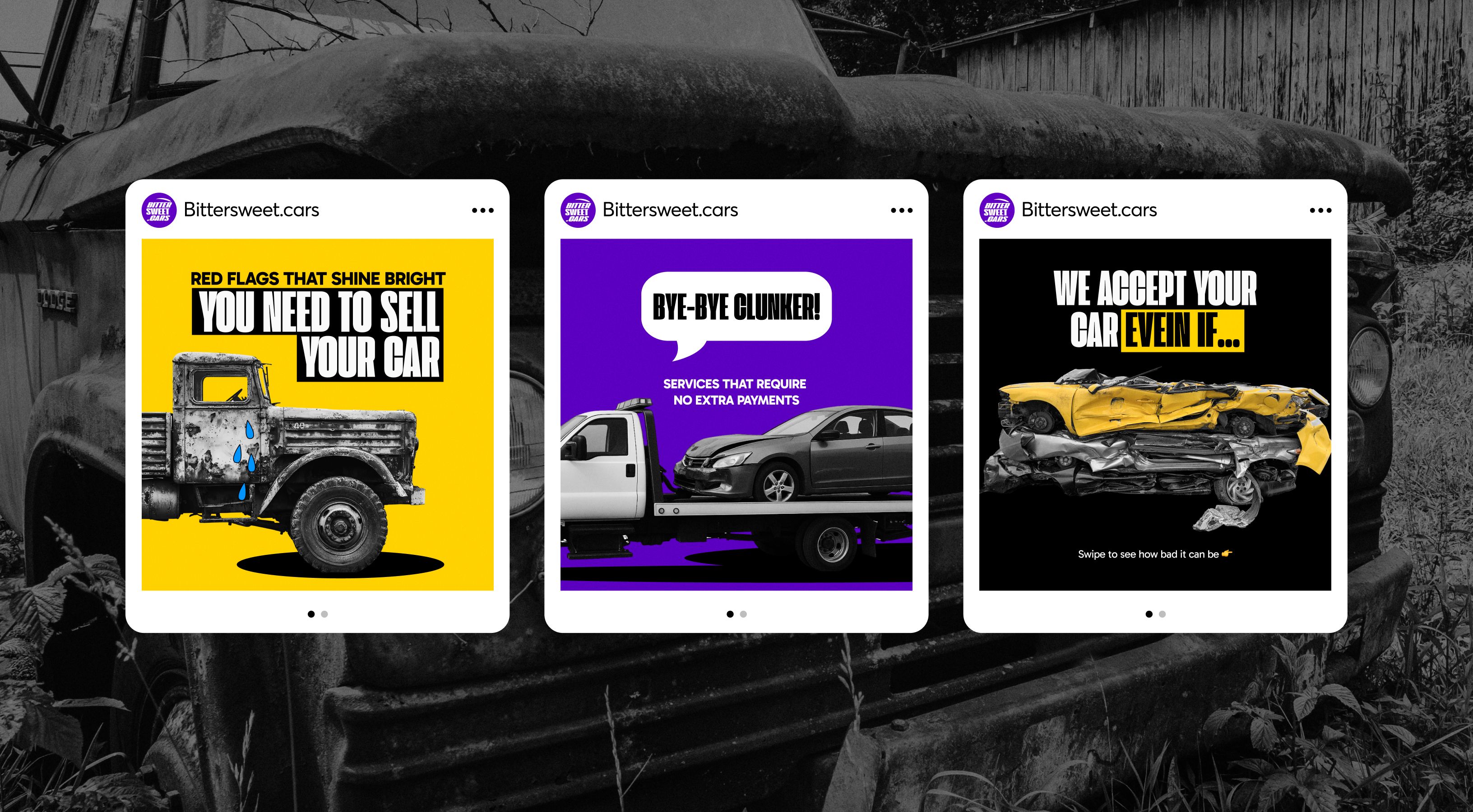BSC posts social media yellow purple black with junk cars