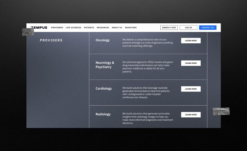 “Providers” section on the Tempus website homepage