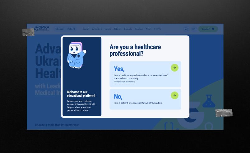 Split screen on the GMKA website (Clinician/Patient)