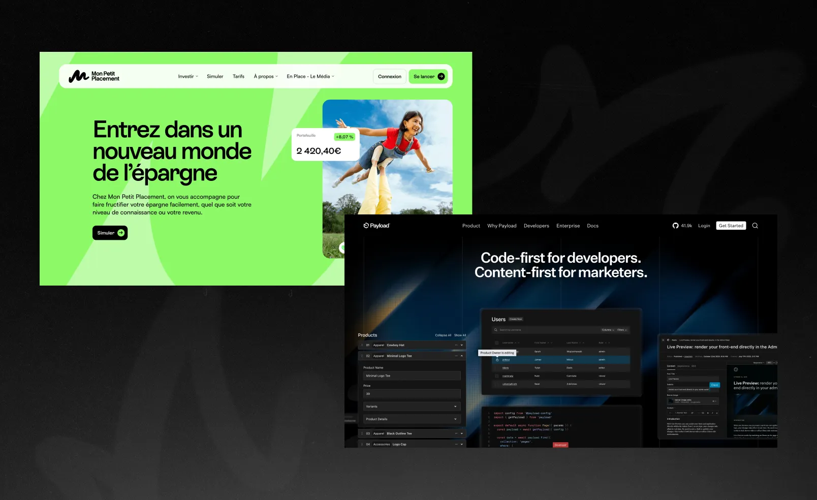 Bold brand identities in SaaS: Mon Petit Placement, Payload, Snowbit