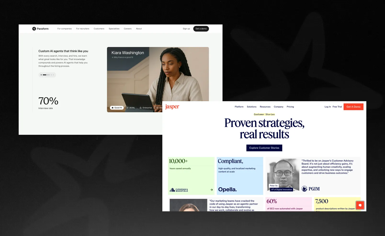 Jasper & Paraform social proof sections with metrics and client logos