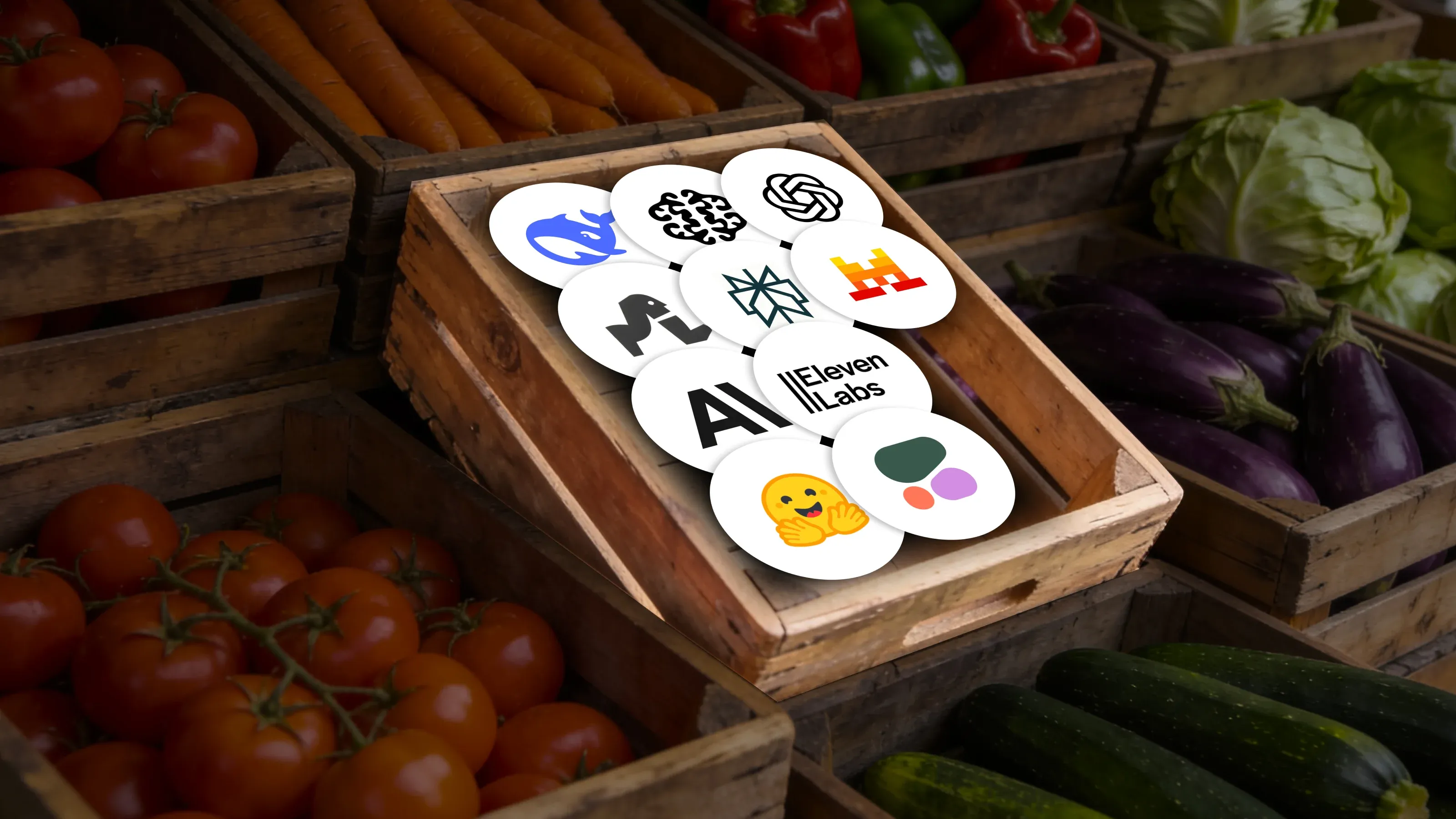 A market stall features ten AI brand logos, each reflecting a distinct visual identity.