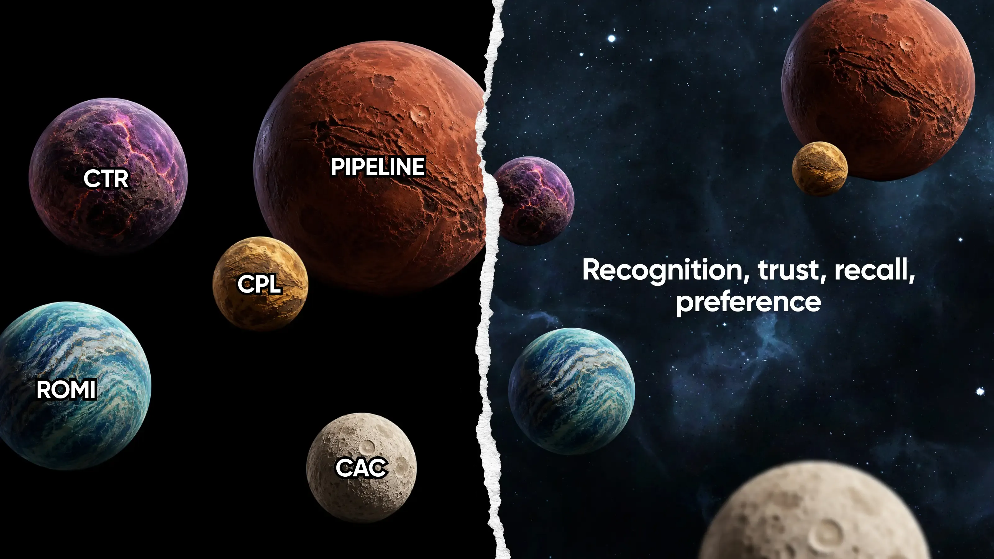 Marketing metrics orbit planets, while brand recognition and trust expand in space.